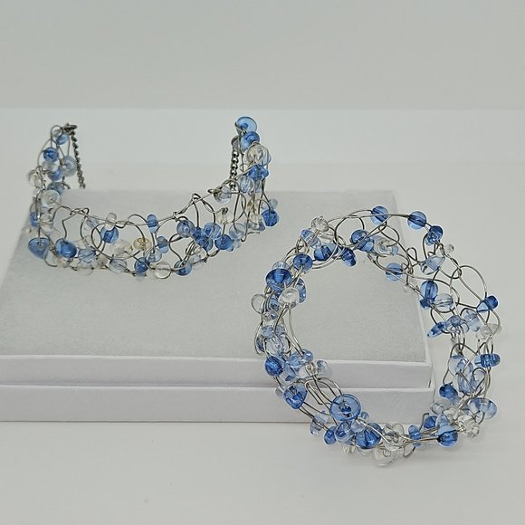Sparkling Blue/Clear Wire Crochet Beaded Choker/Bracelet Set - Picture 1 of 8